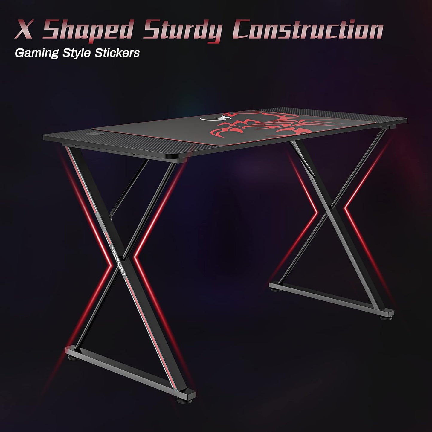 47-Inch X-Shaped Gaming Desk with Mouse Pad, Headphone Hook, Controller Stand, and Cup Holder