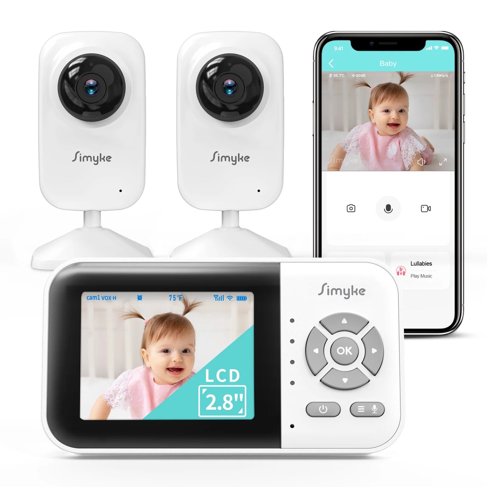 Dual Camera Video Baby Monitor with 2.8" LCD Display, Wireless Connectivity, Night Vision, Two-Way Audio, App Integration, 1200 Ft Range, Feeding Timer, Temperature Sensor, and Portable Design for Home Use