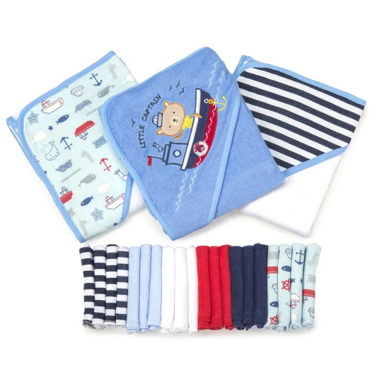 Navy Nautical 23-Piece Bath Hooded Towel and Washcloth Set for Infants