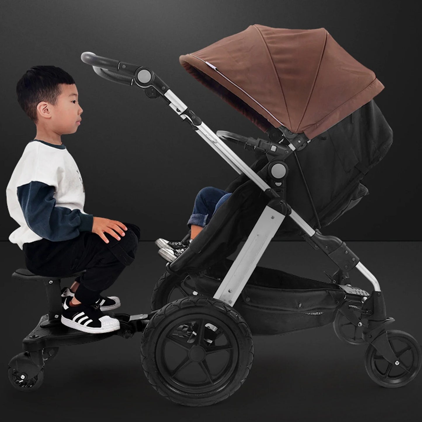 Universal Stroller Board 2-in-1 Ride Board with Seat and Auxiliary Pedal Adapter for Pushchairs - Anti-Slip Design and 55 lbs Load Capacity
