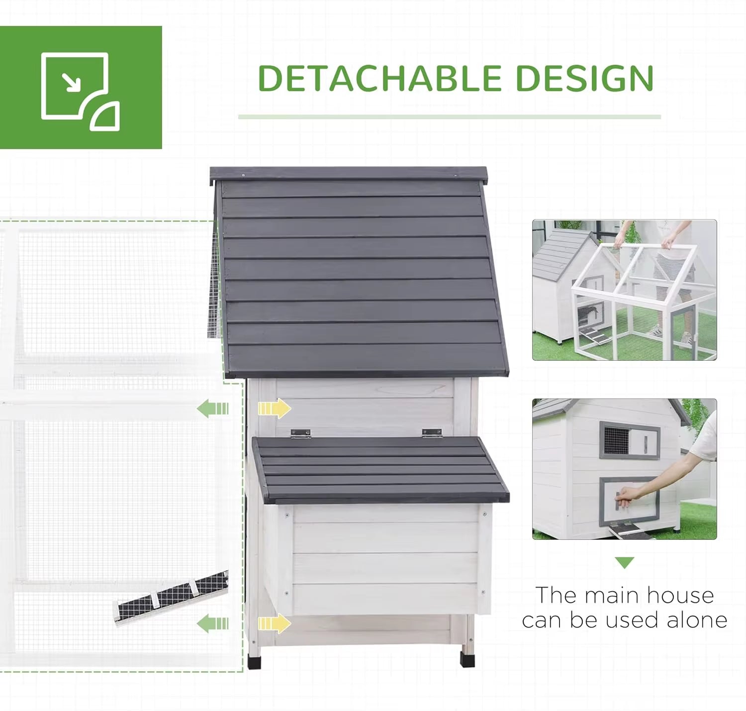 65-Inch Wooden Chicken Coop with Detachable Run, Outdoor Poultry House with Nesting Box and Removable Tray
