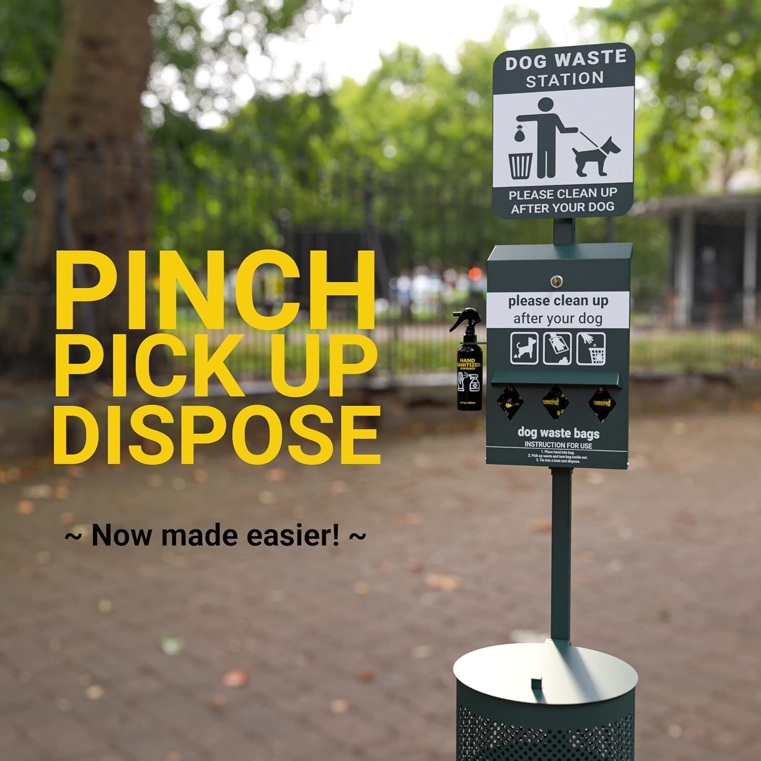 Pet Waste Station - Includes 600 Roll Bags & 50 Can Liners - Original Glow in the Dark Dog Waste Station with Dog Poop Sign, Bag Dispenser, Hand Sanitizer Bottle & Outdoor Trash Can with Lid
