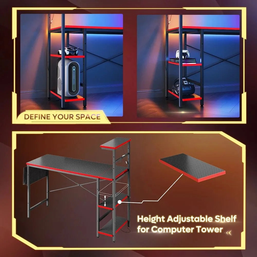 52-Inch Gaming Desk with LED Lighting and Reversible Storage Shelves, Carbon Fiber Computer Desk with Side Storage Bag for Home and Office