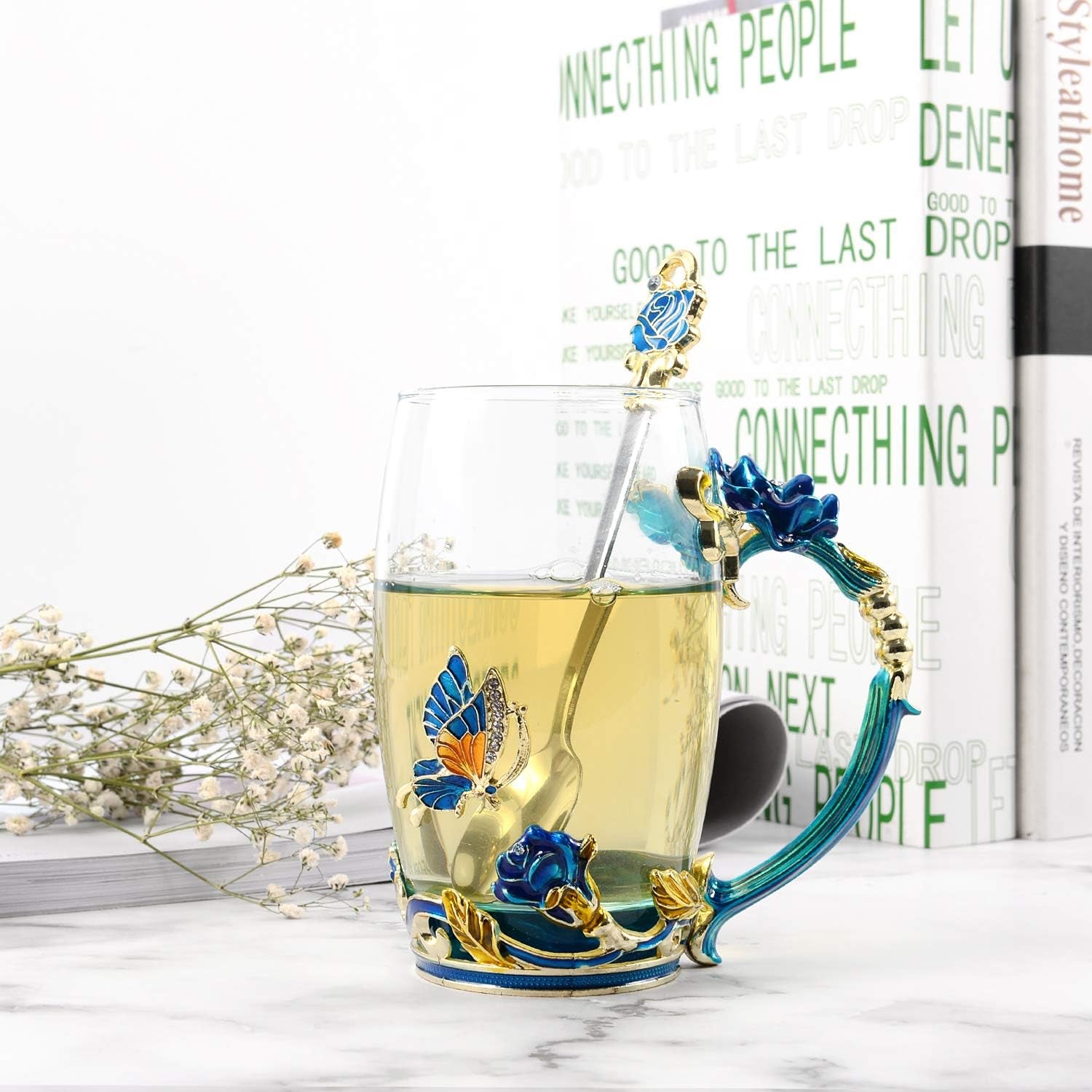 330ML Enamel Tea Cup Glass Coffee Mug Handmade Rose Flower Tea Mug for Father'S Day,Mother'S Day,Valentine’S Day, Birthday, Christmas Gift with Stainless Steel Spoon Set