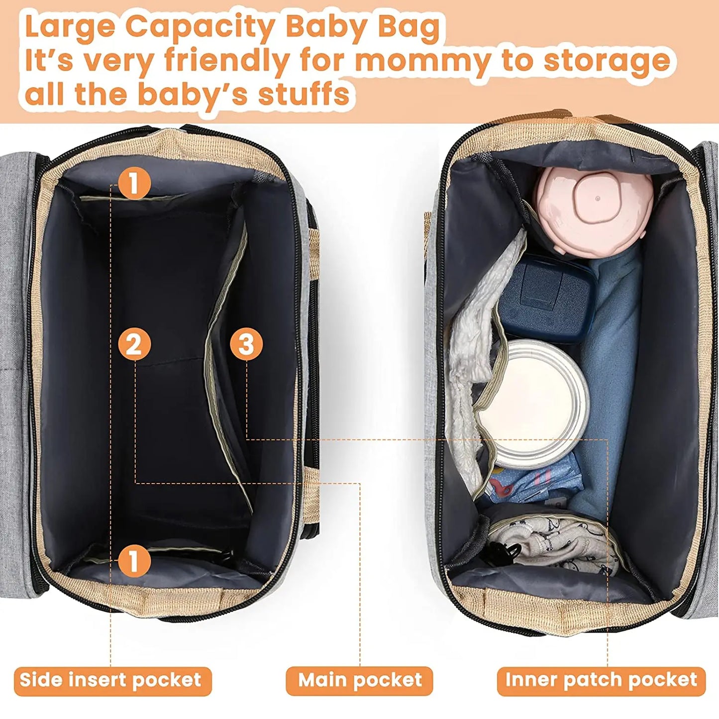 Stylish Multi-Functional Mommy Bag with Folding Baby Bed and Large Capacity for Diapers and Milk Bottles