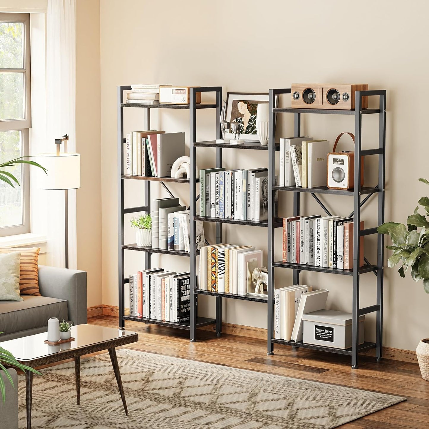 Triple 4-Tier Bookshelf with 11 Open Display Shelves - Wide Bookcase for Home and Office in Black
