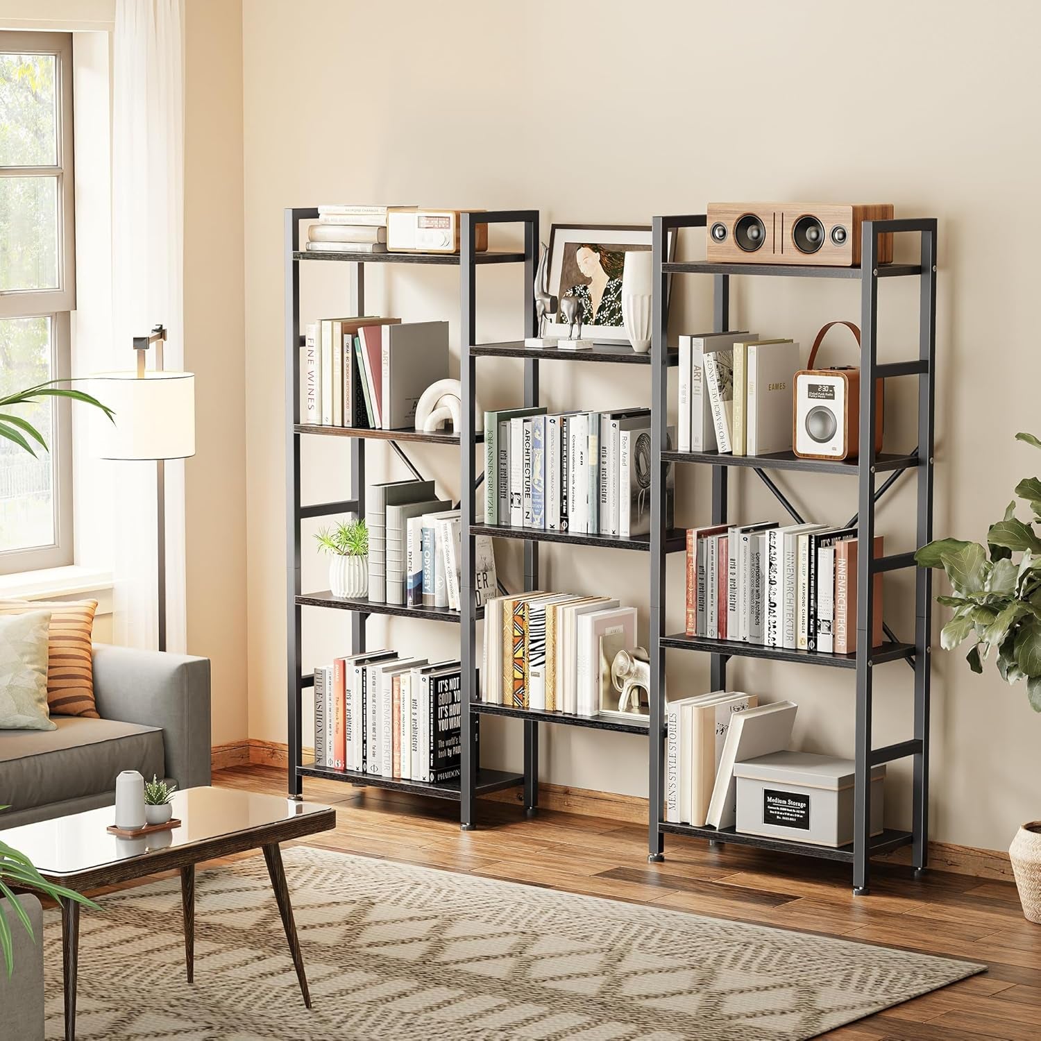 Triple 4-Tier Bookshelf with 11 Open Display Shelves - Wide Bookcase for Home and Office in Black