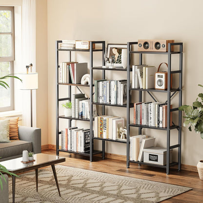Triple 4-Tier Bookshelf with 11 Open Display Shelves - Wide Bookcase for Home and Office in Black