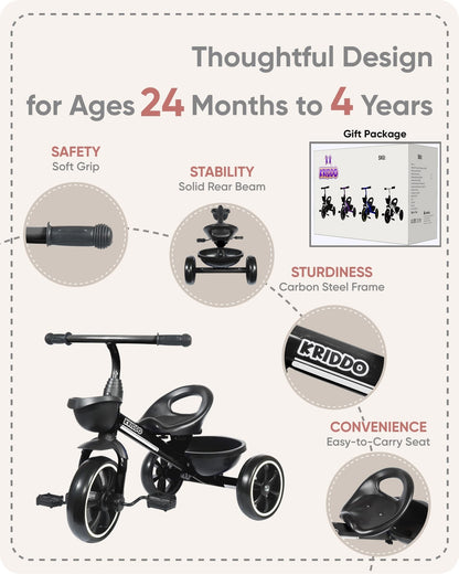 KRIDDO Kids Tricycle for 2-5 Year Olds - Gift for Toddlers - Black
