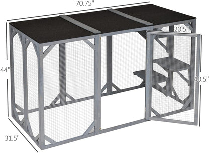 Outdoor Cat House - Wooden Feral Cat Shelter with Platforms, Large Entrance, Weather Protection Asphalt Roof, 71" L, Gray