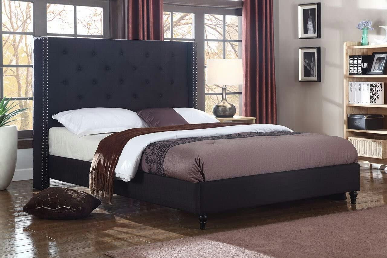 Linen Upholstered Full Size Platform Bed with 51-Inch Headboard - Durable Wooden Slat Design - Effortless Assembly - Mattress Support - No Box Spring Needed - Black