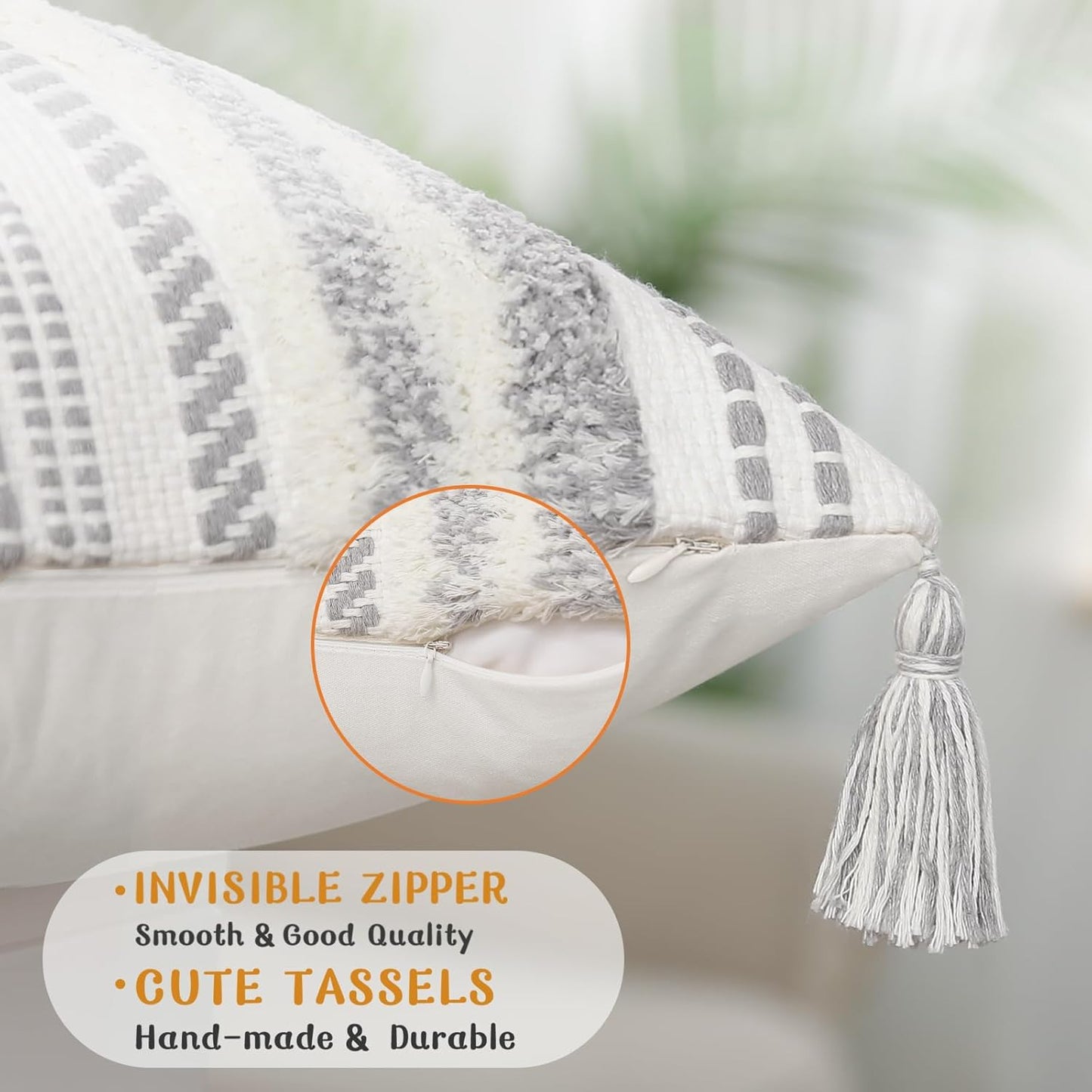 Decorative Boho Throw Pillow Covers 20X20 Set of 2, Accent Neutral Textured Tufted Pillow Covers Striped for Couch Bed Sofa Living Room, Grey and Cream White