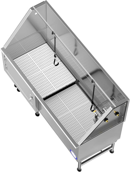 62" Stainless Steel Pet Grooming Bath Tub with Walk-In Ramp and Accessories (Left Door/Right Drain)