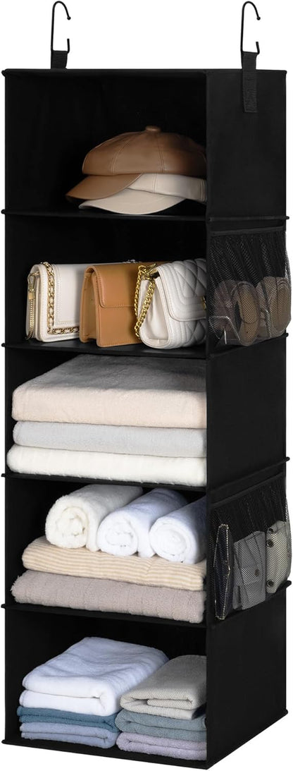 5-Shelf Hanging Closet Organizers, Foldable Closet Storage Organizer with 2 Side Pockets, Portable Hanging Shelves for Clothes, Sweater, Towels, 12 1⁄2" D X 15" W X 48" H, Black