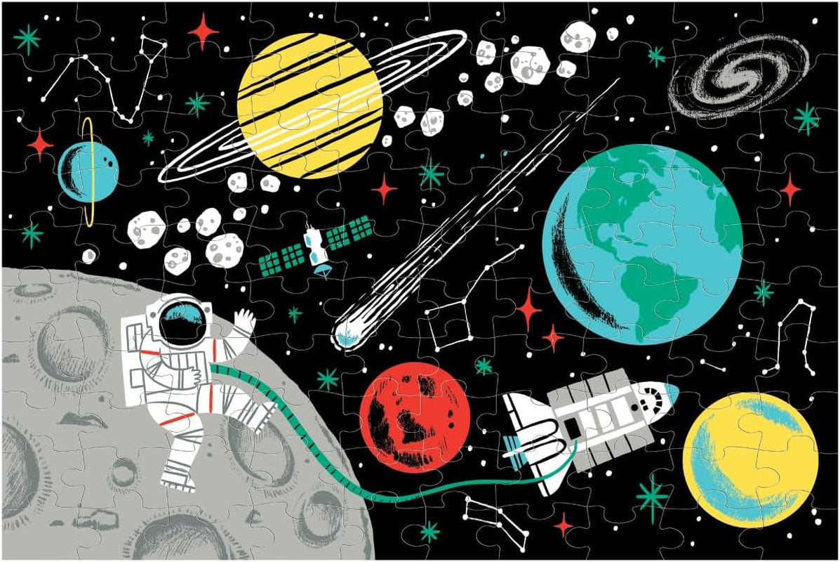 Outer Space Glow in the Dark 100-Piece Jigsaw Puzzle Featuring a Captivating Scene of Planets, Stars, and Intriguing Hidden Details