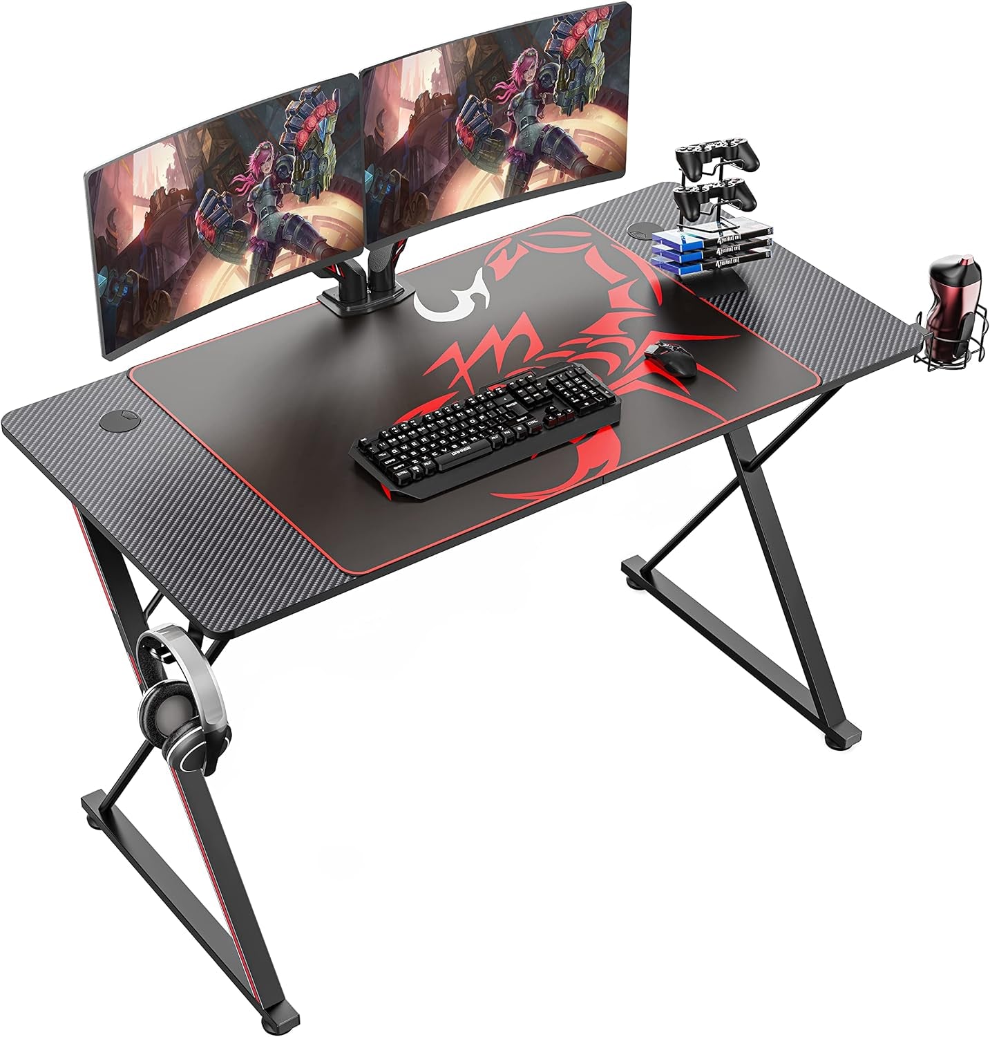 47-Inch X-Shaped Gaming Desk with Mouse Pad, Headphone Hook, Controller Stand, and Cup Holder