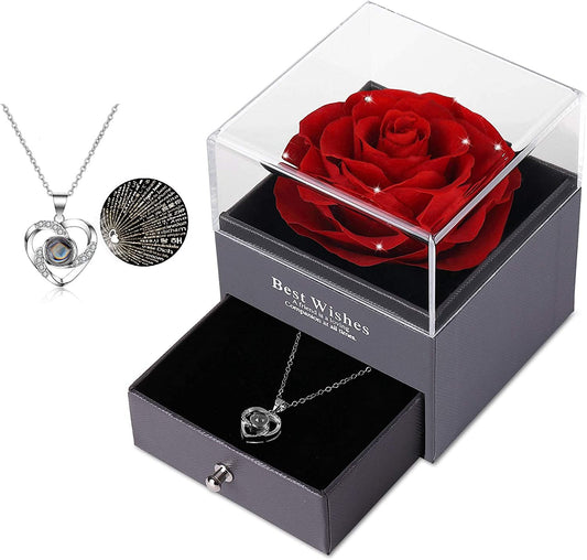 Mother's Day Gift Set: Preserved Real Flower Rose with Silver-Tone Heart Necklace - "I Love You" in 100 Languages, Enchanted Red Crystal Floral Gift for Her