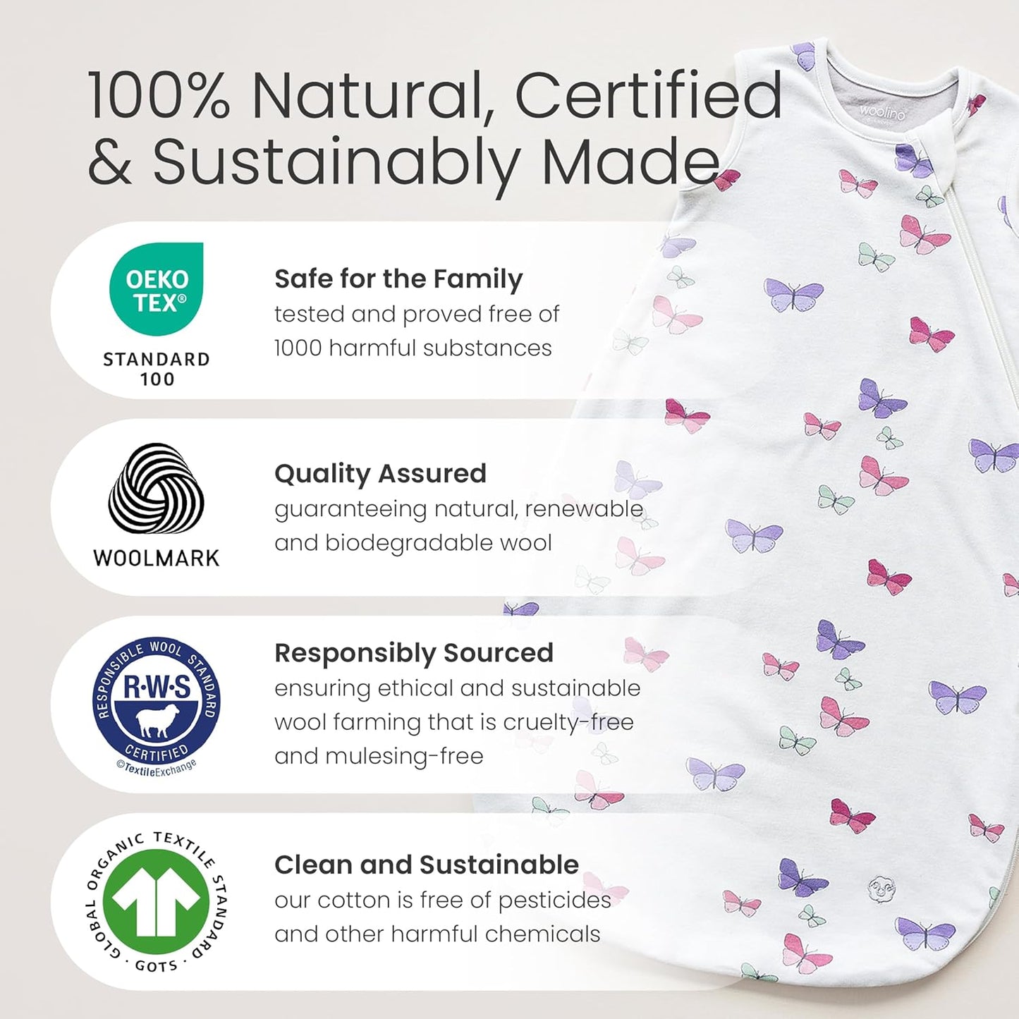 Merino Wool and Organic Cotton Baby Sleeping Bag - Classic 4-Season Sleep Sack with Two-Way Zipper for Ages 18-36 Months - Butterfly Design