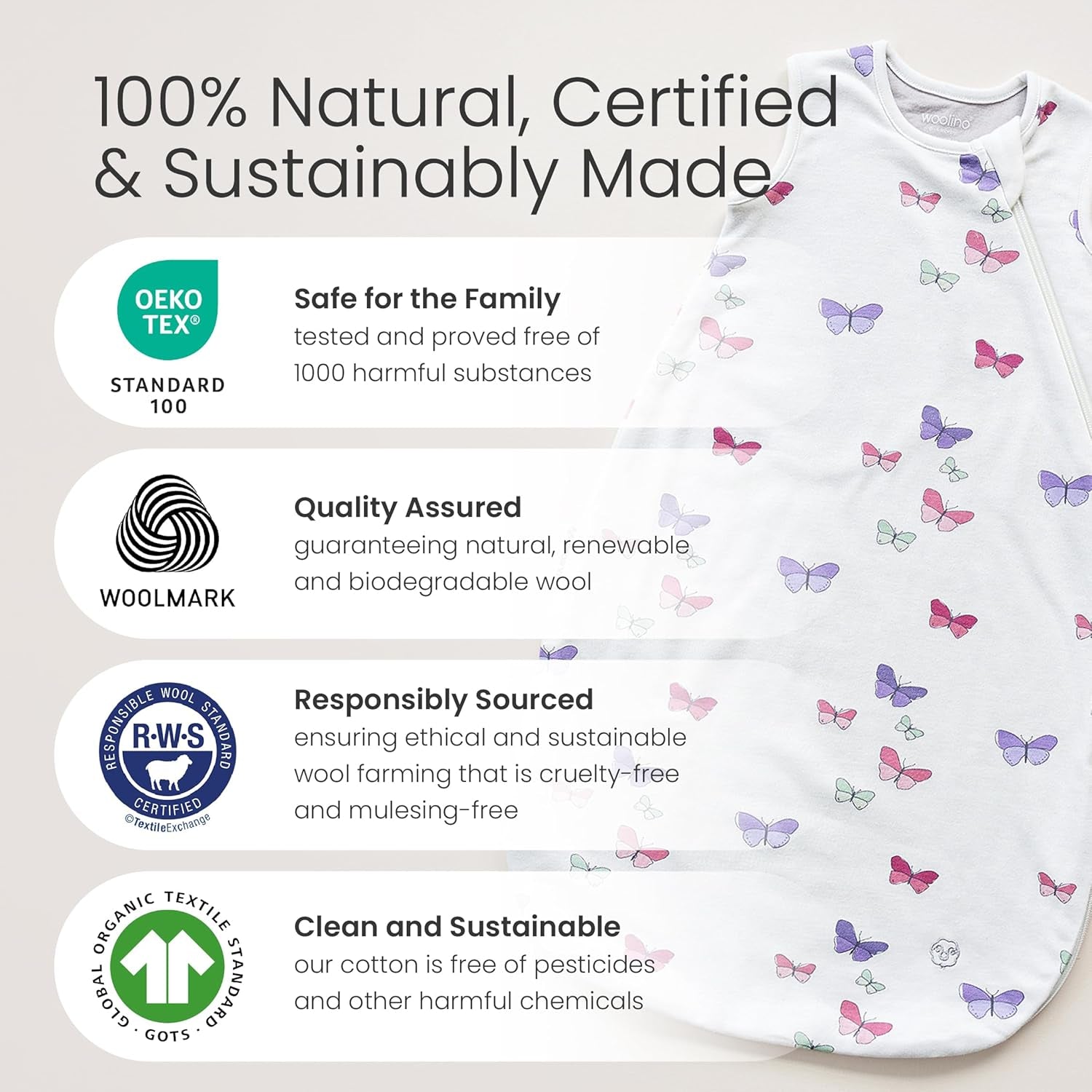 Merino Wool and Organic Cotton Baby Sleeping Bag - Classic 4-Season Sleep Sack with Two-Way Zipper for Ages 18-36 Months - Butterfly Design
