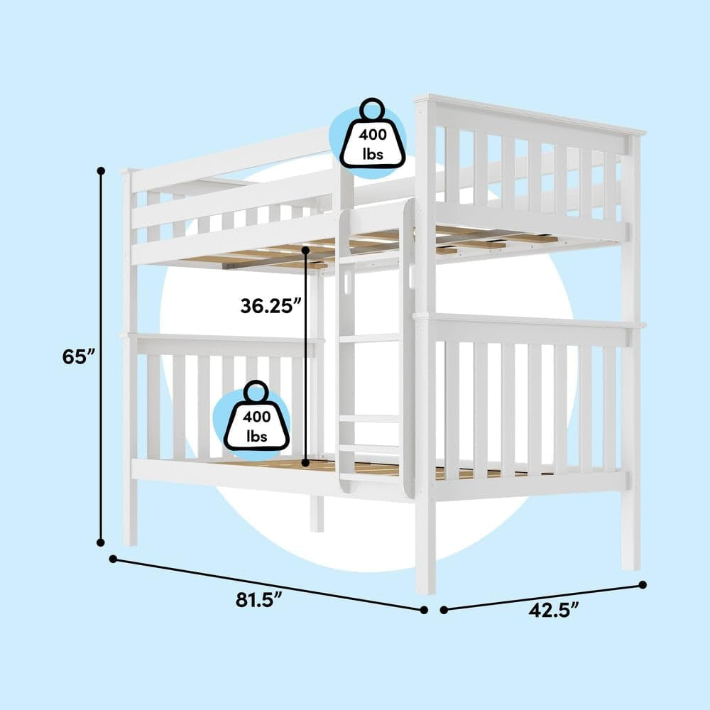 Twin Over Twin Solid Wood Bunk Bed Frame with Ladder and Safety Guardrails, Easy Assembly, No Box Spring Required, White Finish