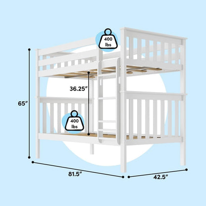 Twin Over Twin Solid Wood Bunk Bed Frame with Ladder and Safety Guardrails, Easy Assembly, No Box Spring Required, White Finish