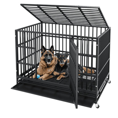 42 Inch Heavy Duty Dog Crate Cage with Wheels for Indoor, Large Dog Kennel with Removable Tray