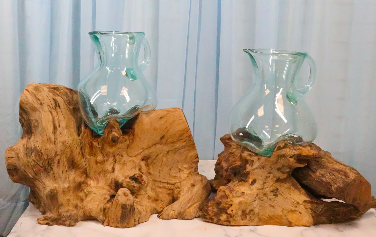 Set of 2 Balinese Natural Gamal Wood Driftwood with Molten Glass Water Jugs
