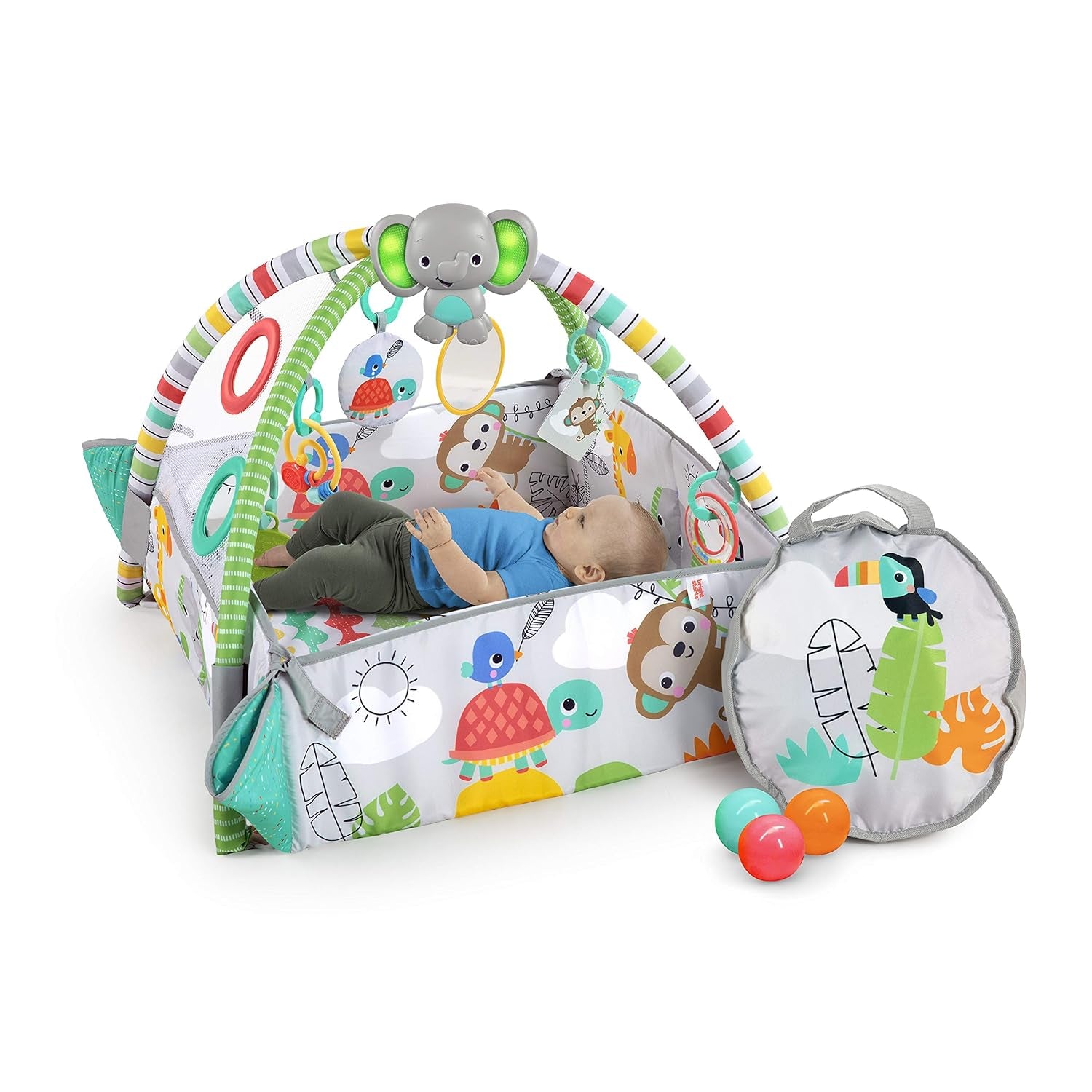 5-in-1 Convertible Jumbo Play Mat and Ball Pit Baby Gym for Newborns to Toddlers - Tropical Green Design