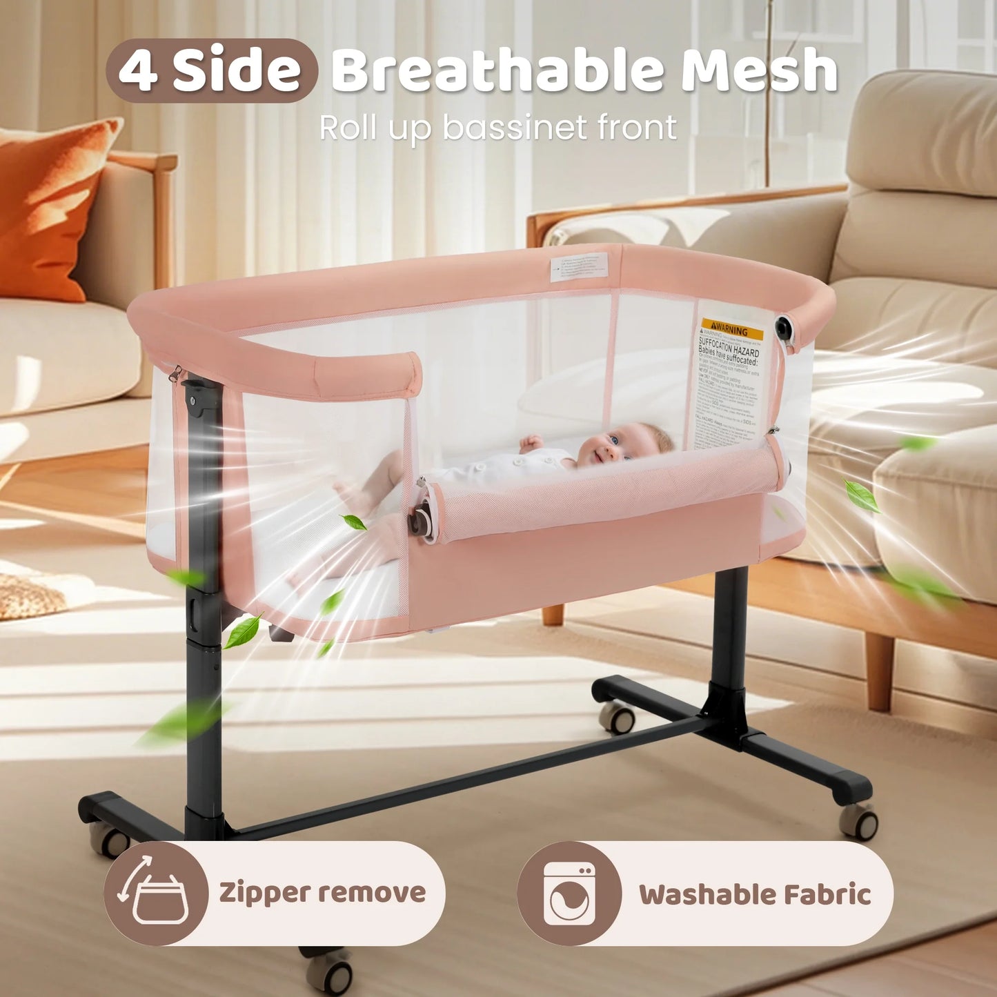 Height Adjustable Baby Bassinet with Wheels - Pink Co-Sleeper for Newborns