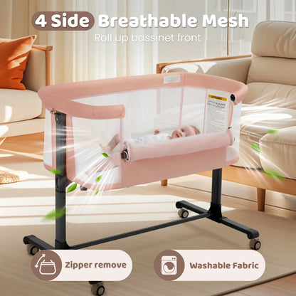 Height Adjustable Baby Bassinet with Wheels - Pink Co-Sleeper for Newborns