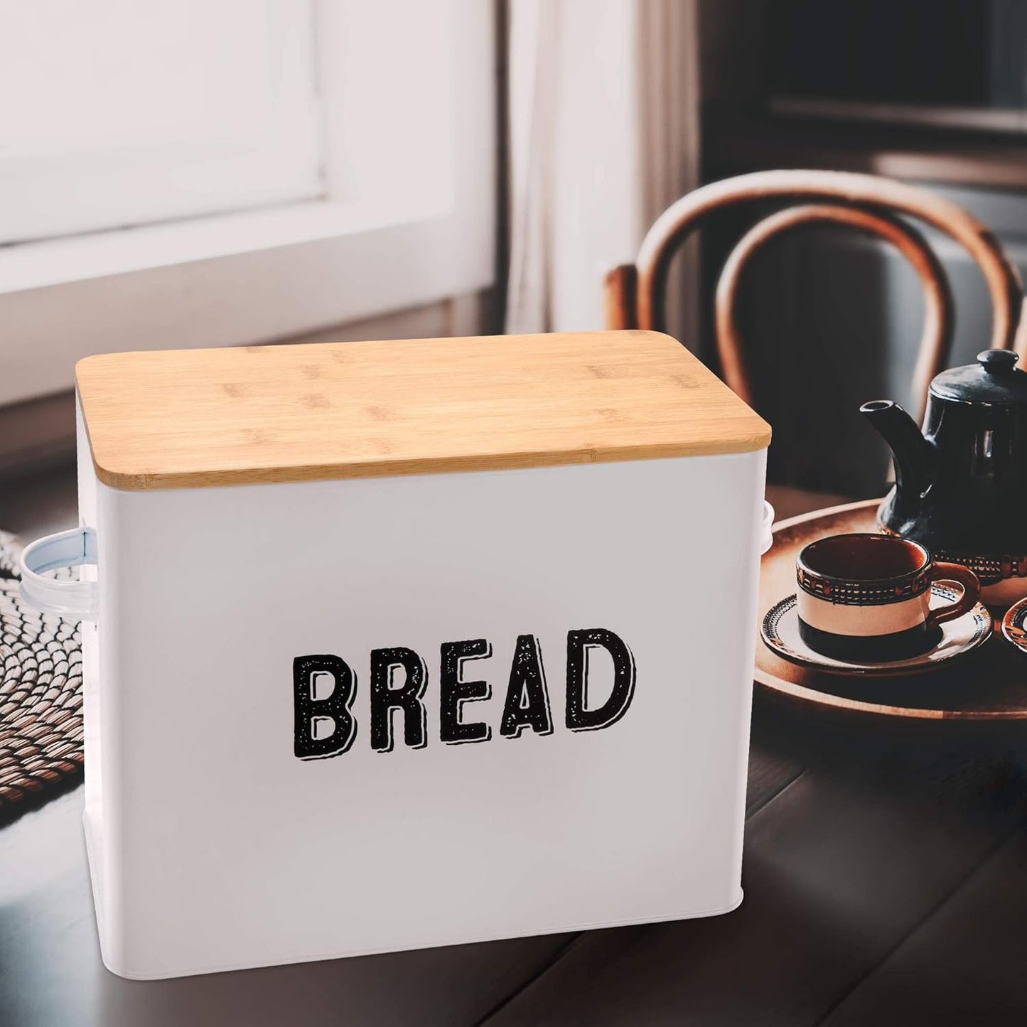 Bread Box, Retro Metal Cake Bin W/Bamboo Wooden Lid, Space Saving Bread Box Storage Container, Compact Tin Basket for Longer and Fresher Food, Rolls