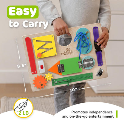 Premium Wooden Sensory Busy Board for Toddlers Aged 1-3, Featuring 10 Educational Activities to Enhance Fine Motor Skills and Ideal for Travel