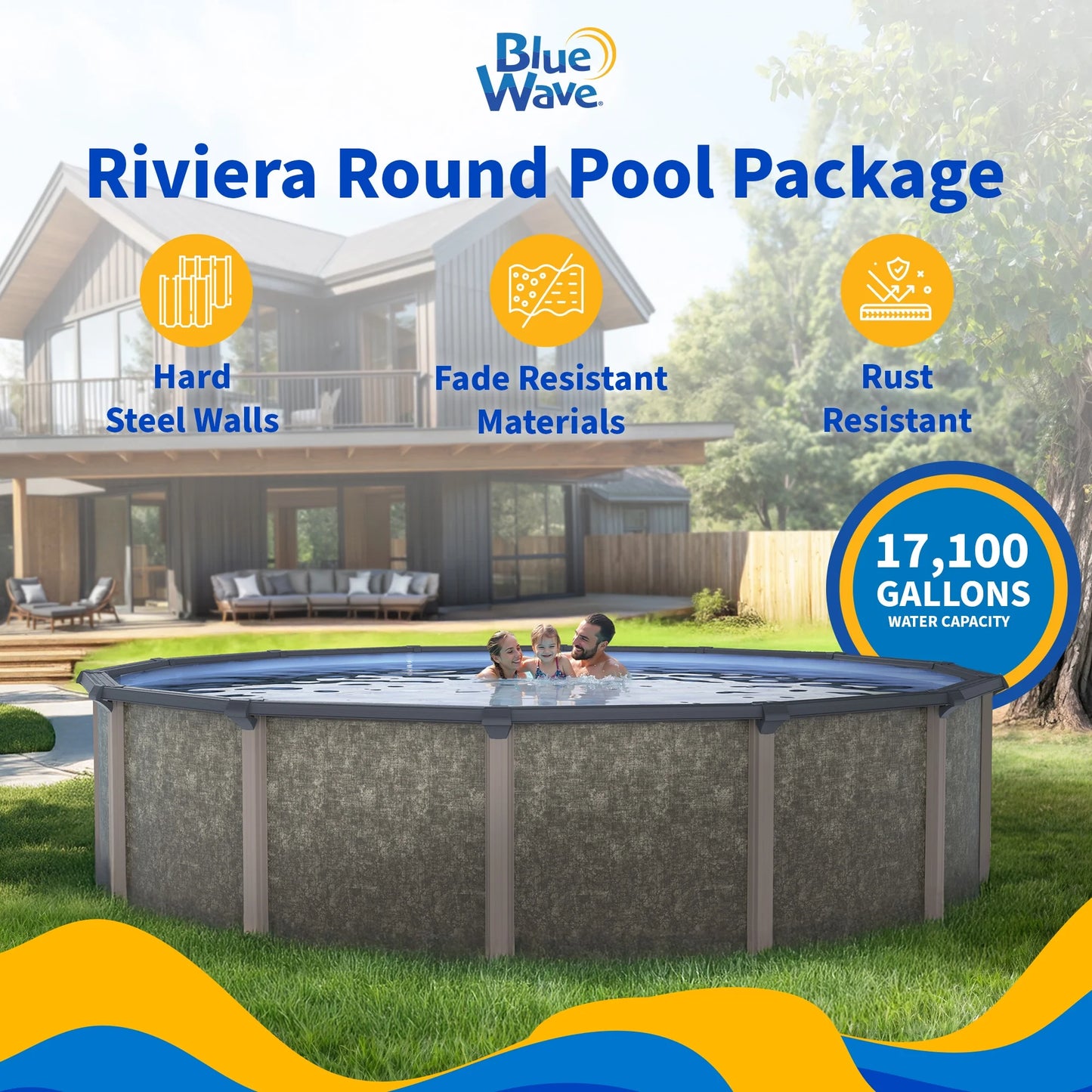 Riviera 27-Foot Round Metal Wall Swimming Pool Package with 54-Inch Depth and 8-Inch Top Rail