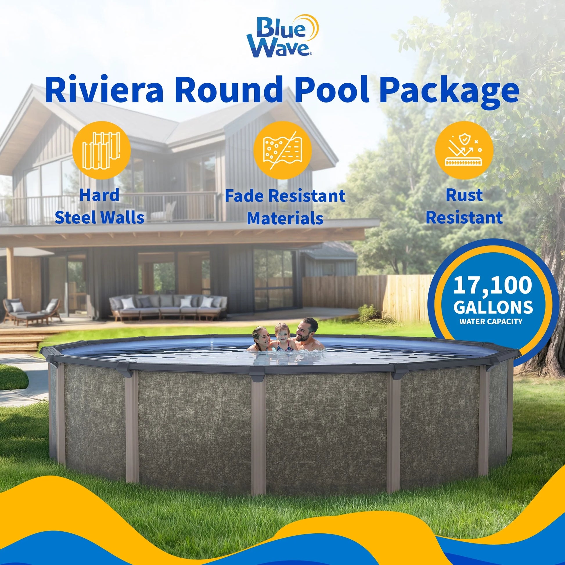 Riviera 27-Foot Round Metal Wall Swimming Pool Package with 54-Inch Depth and 8-Inch Top Rail