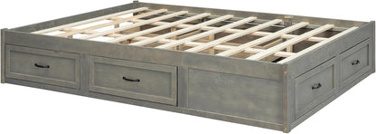 Queen Size Platform Bed, Wooden Queen Bed with 6 Storage Drawers, Antique Gray