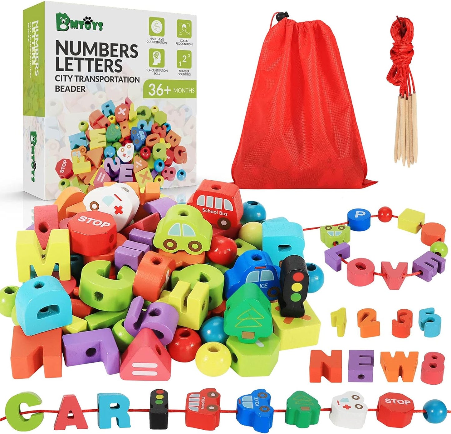 Wooden Alphabet and Number Lacing Beads - Montessori Educational Toy for Ages 3-6, Ideal Birthday Gift for Boys and Girls