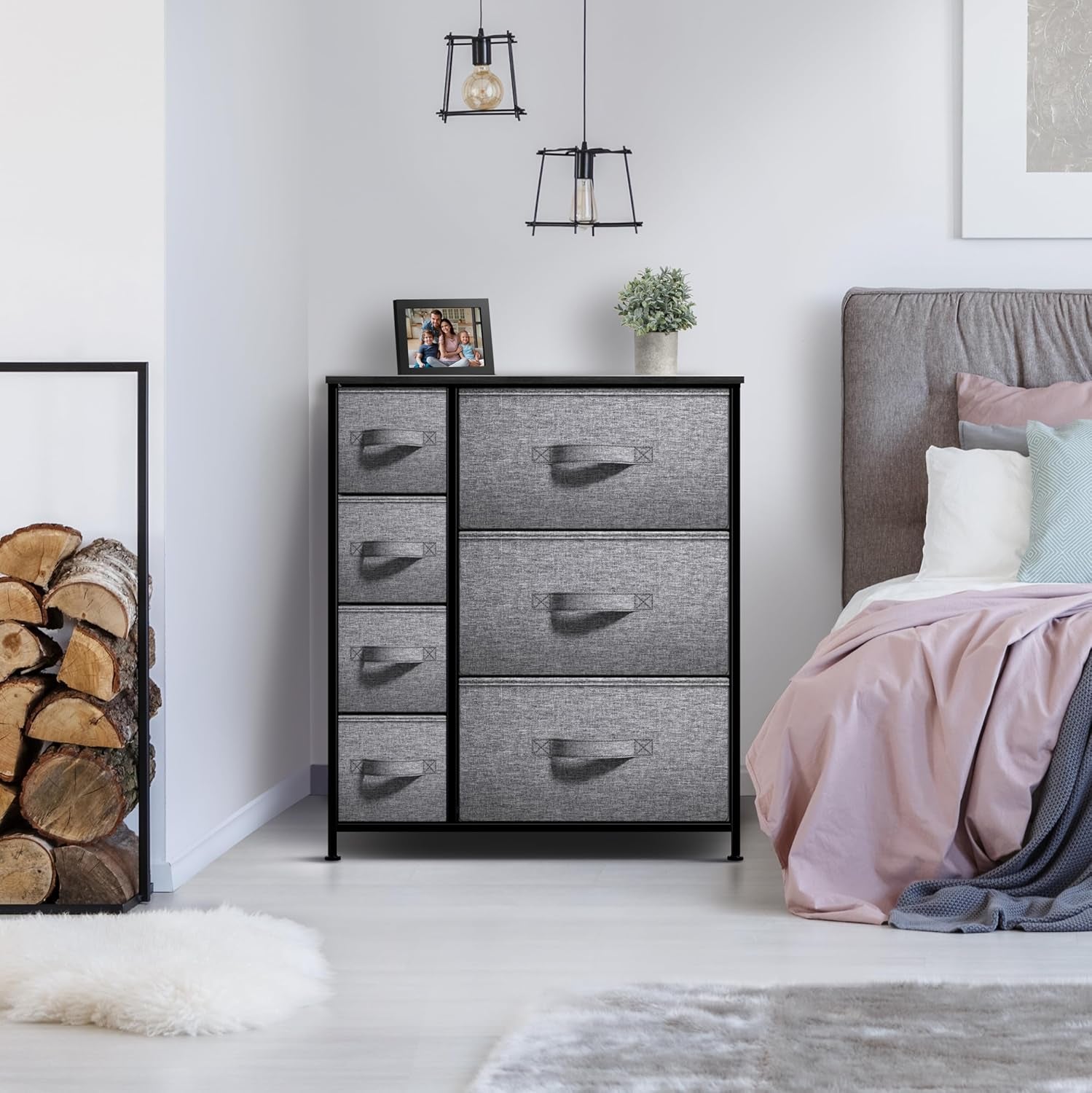 7-Drawer Dresser - Multi-Functional Chest Organizer with Steel Frame, Wooden Top, and Fabric Bins for Bedroom, Hallway, Closet, and Office Storage Solutions