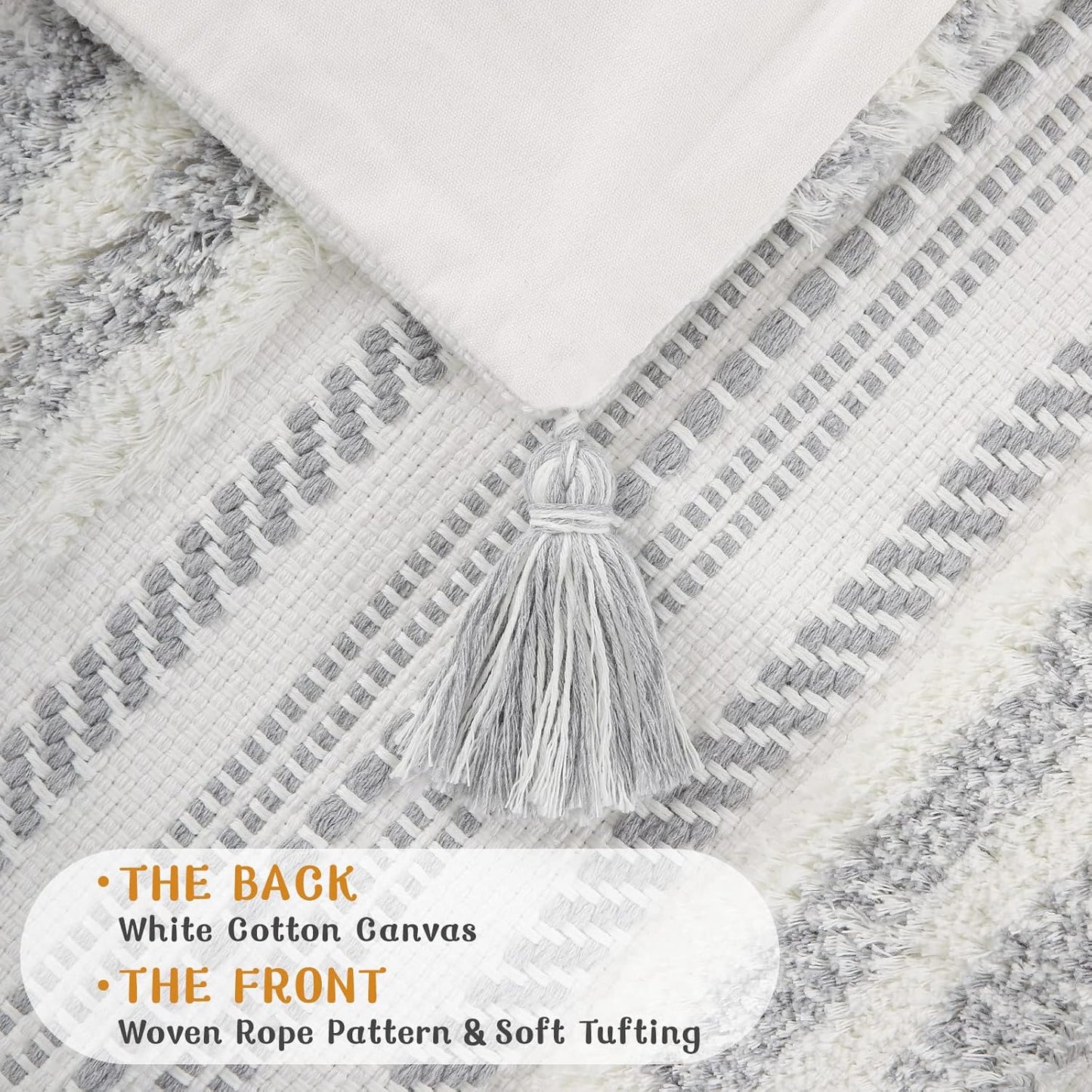 Decorative Boho Throw Pillow Covers 20X20 Set of 2, Accent Neutral Textured Tufted Pillow Covers Striped for Couch Bed Sofa Living Room, Grey and Cream White