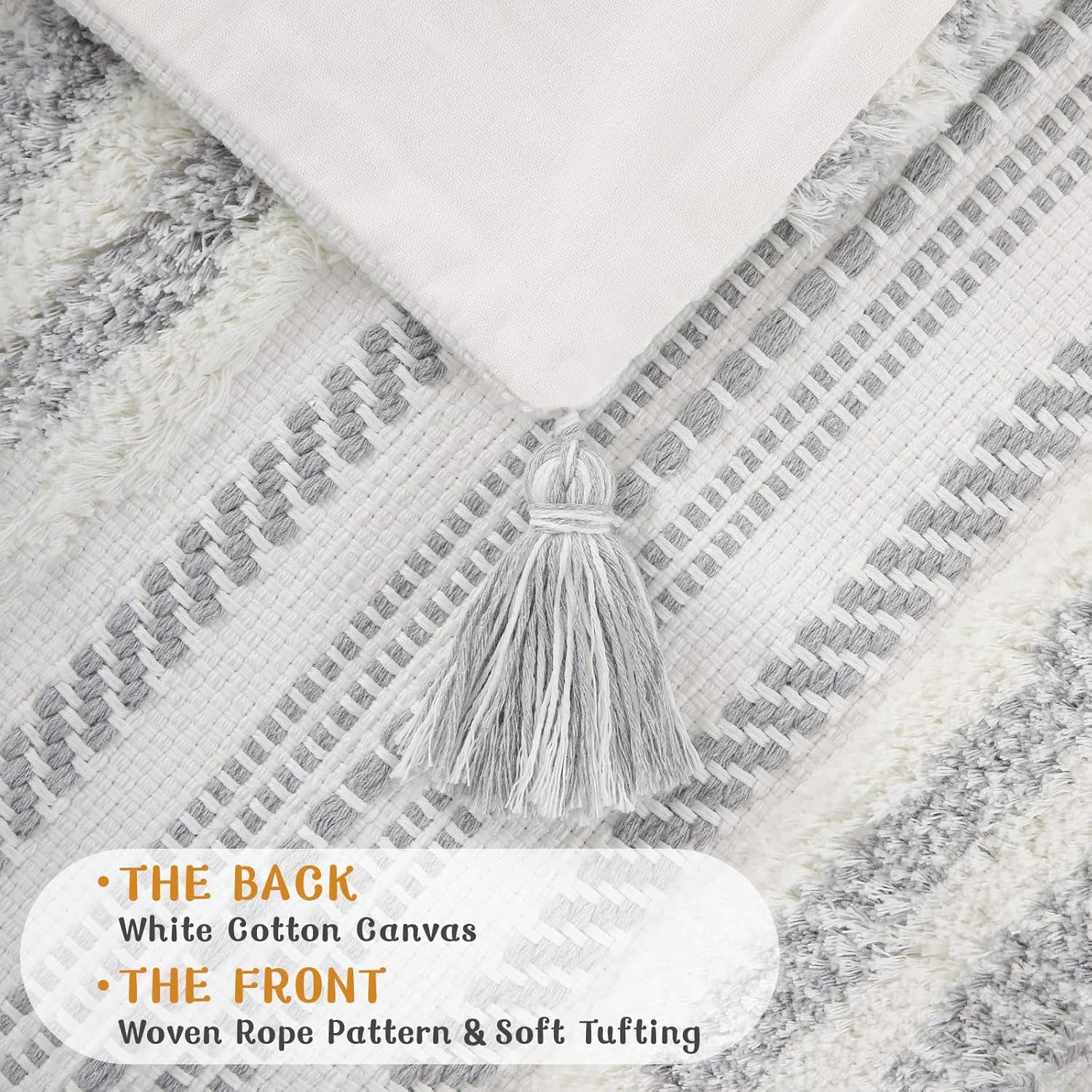 Decorative Boho Throw Pillow Covers 20X20 Set of 2, Accent Neutral Textured Tufted Pillow Covers Striped for Couch Bed Sofa Living Room, Grey and Cream White