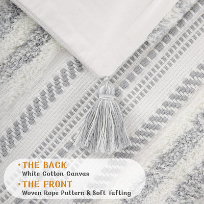 Decorative Boho Throw Pillow Covers 20X20 Set of 2, Accent Neutral Textured Tufted Pillow Covers Striped for Couch Bed Sofa Living Room, Grey and Cream White