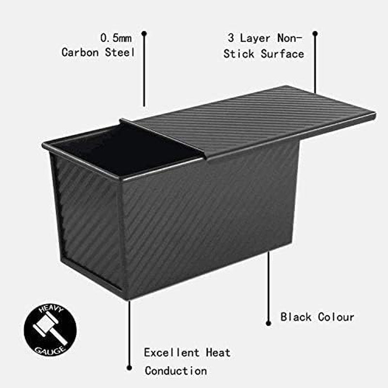 Pullman Loaf Pan with Lid, 1Lb Dough Capacity Non-Stick Rectangle Corrugated Bread Pan, Carbon Steel Bakeware Toast Mold with Cover for Baking Bread - Black