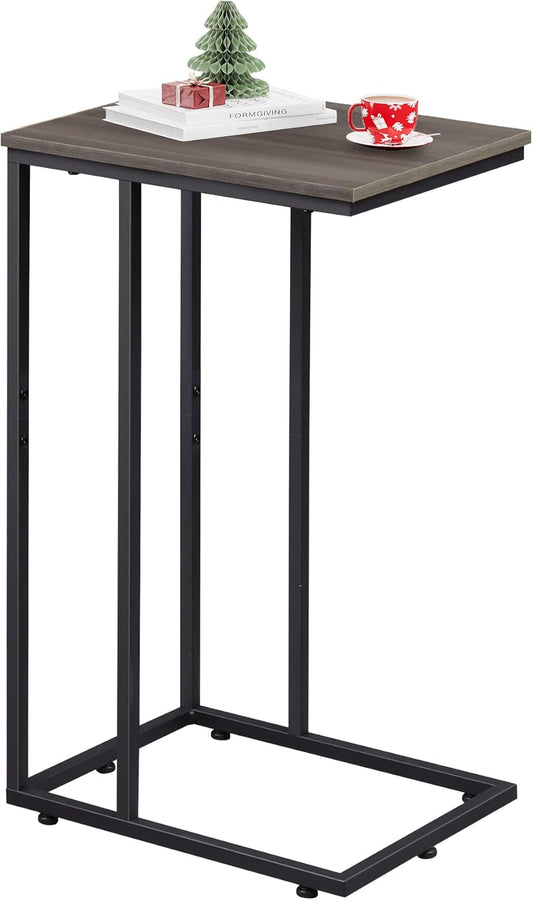 Small Side Table, C Shaped End Table for Couch, Sofa and Bed, Tv Tray Table That Slides under for Living Room, Bedroom, Bedside, Gray and Black