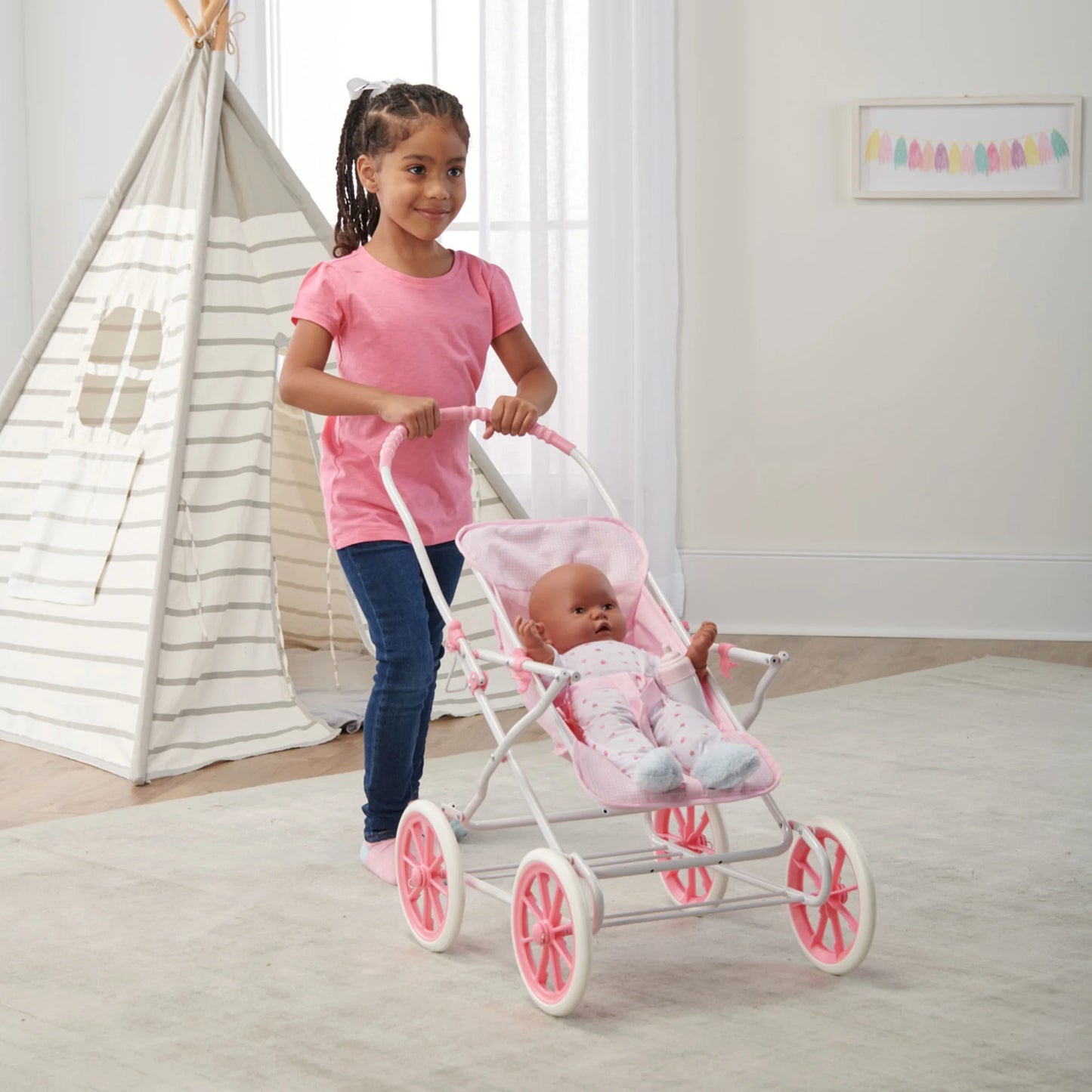 3-in-1 Pink Gingham Doll Pram, Carrier, and Stroller Set