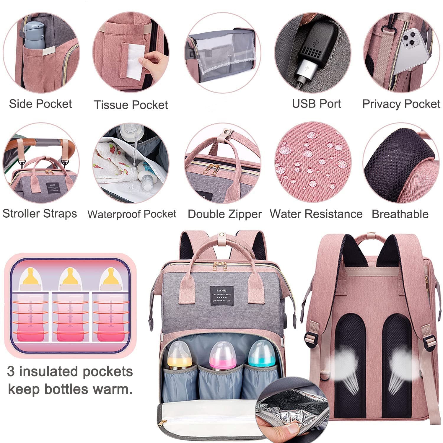 Professional Baby Diaper Backpack with Changing Station, Waterproof Design, USB Charging Port, and Spacious Multifunctional Storage for Parents (Pink-Grey)