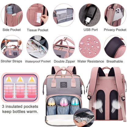 Professional Baby Diaper Backpack with Changing Station, Waterproof Design, USB Charging Port, and Spacious Multifunctional Storage for Parents (Pink-Grey)