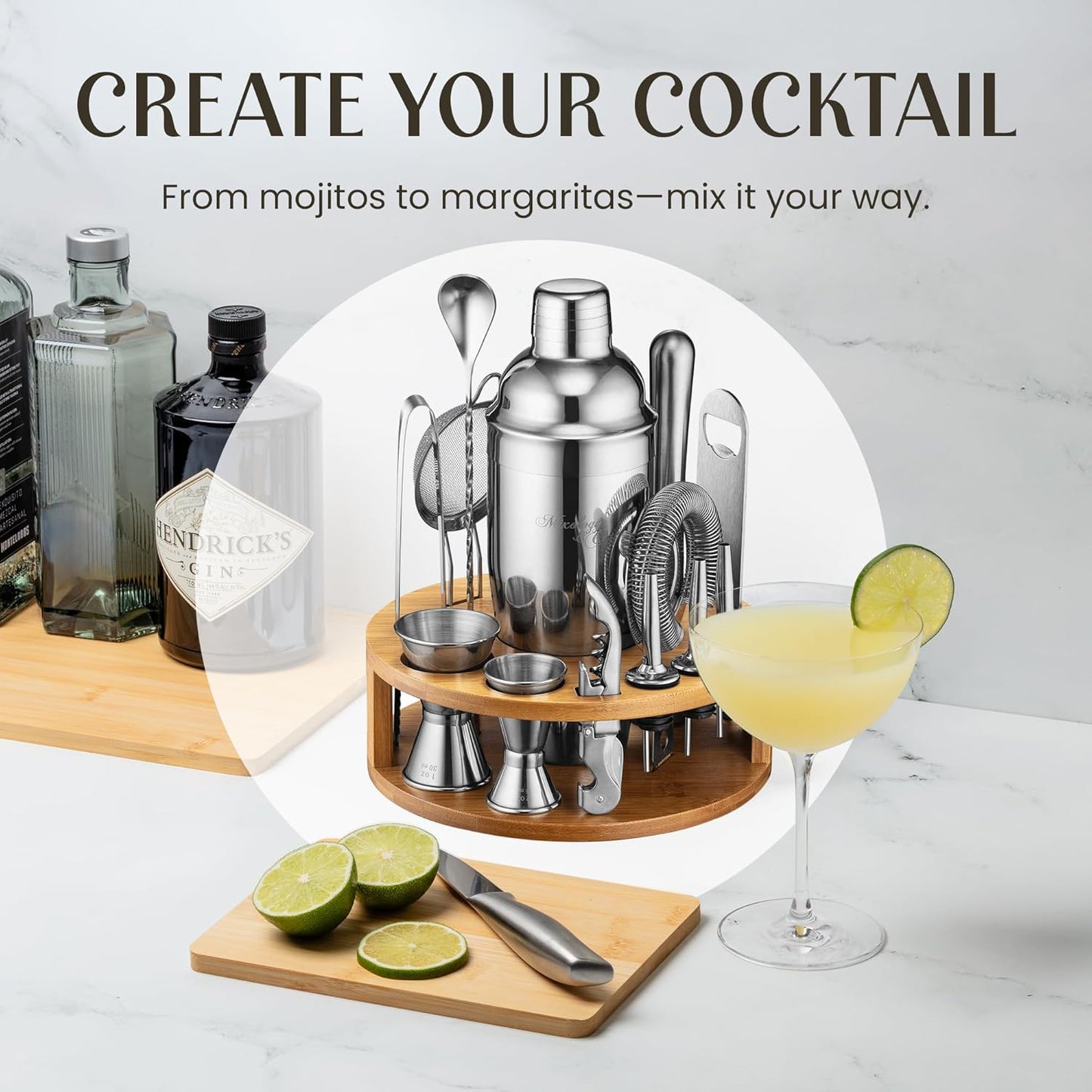 Bartender Kit – 15 Piece Cocktail Shaker Set with Bamboo Stand | Complete Cocktail Kit Gift Set | Top Bartender Gifts for Men & Women | Exclusive Recipe Cards (Silver)
