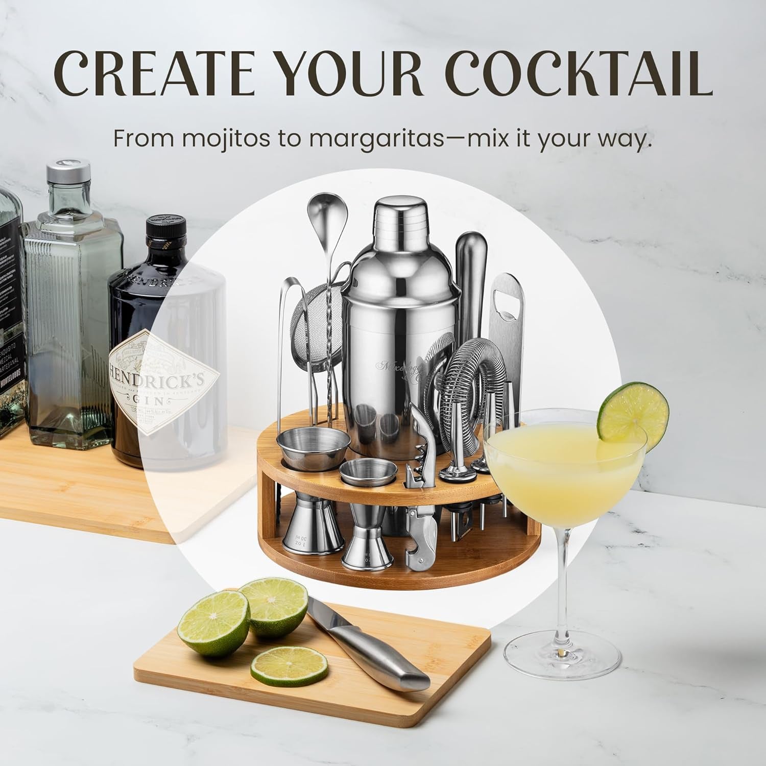 Bartender Kit – 15 Piece Cocktail Shaker Set with Bamboo Stand | Complete Cocktail Kit Gift Set | Top Bartender Gifts for Men & Women | Exclusive Recipe Cards (Silver)