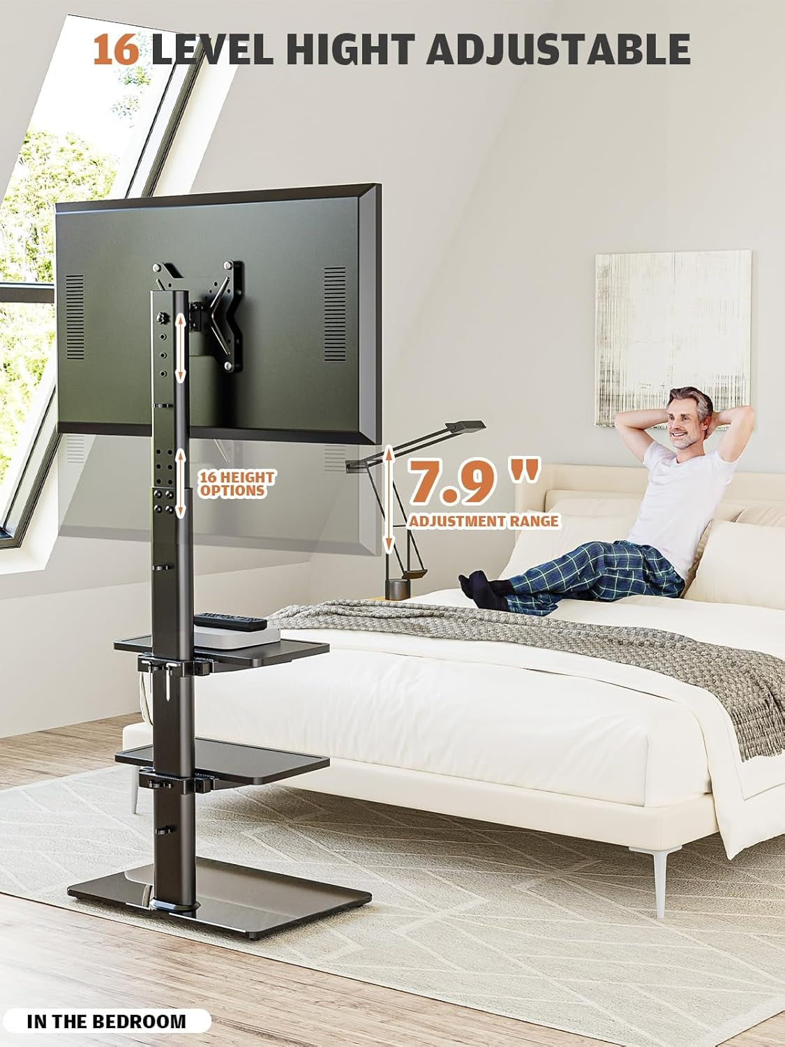 Universal Floor TV Stand with Mount for 19 to 43 Inch Flat Screen TV, 100 Degree Swivel,Adjustable Height and Tilt Function, 3 Shelves Space Saving Standing TV Mount for Bedroom Living Room Corner