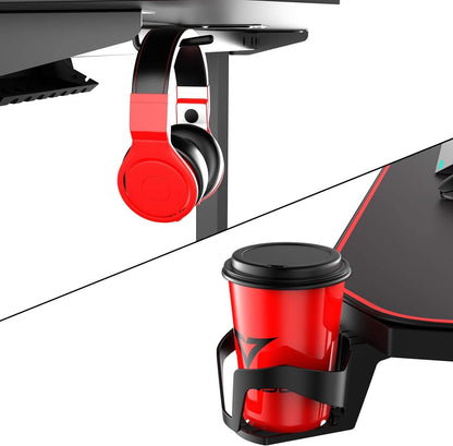 Ergonomic 55-Inch T-Shaped Gaming Desk with Mouse Pad, Gaming Handle Rack, Cup Holder, and Headphone Hook