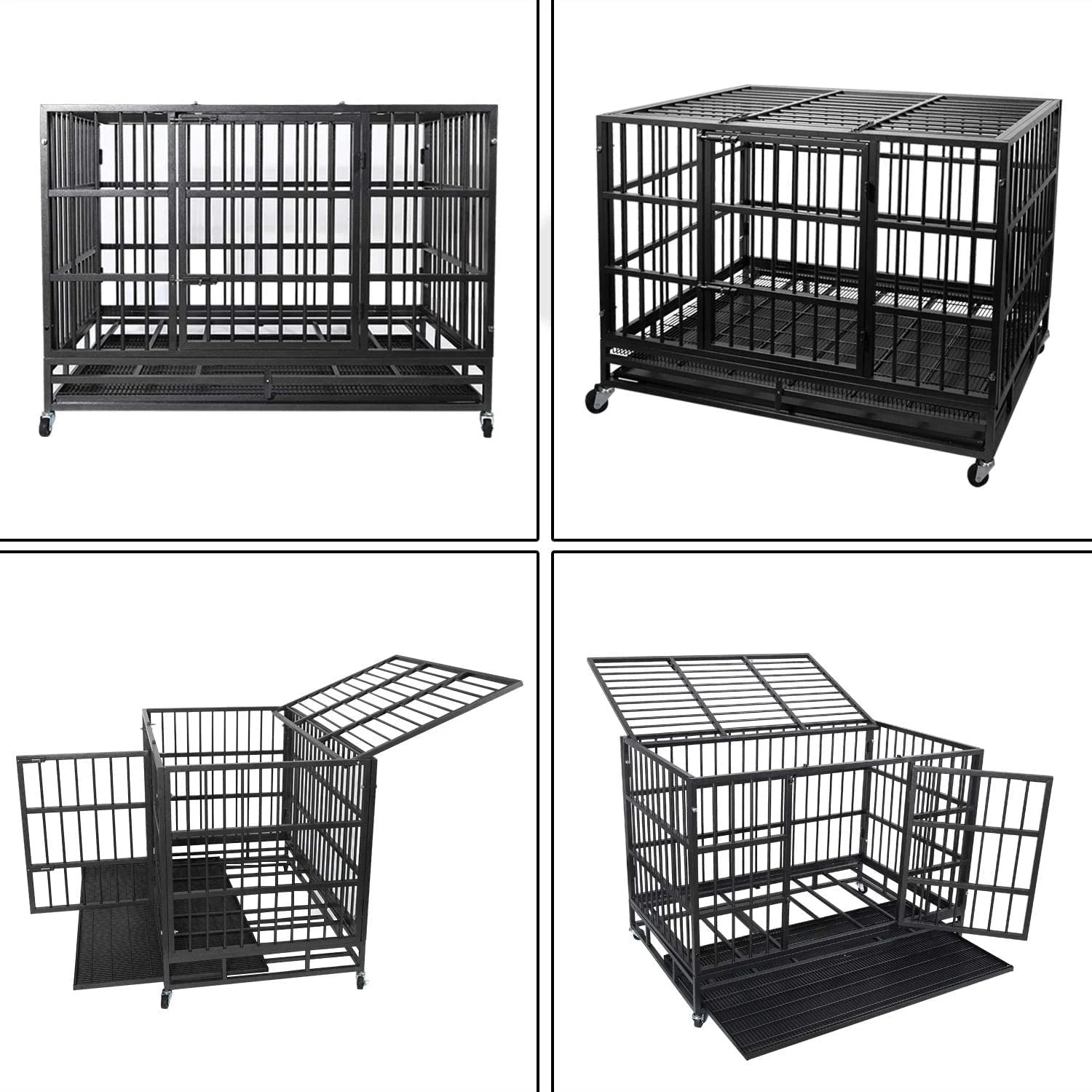 42 Inch Heavy Duty Dog Crate Cage with Wheels for Indoor, Large Dog Kennel with Removable Tray